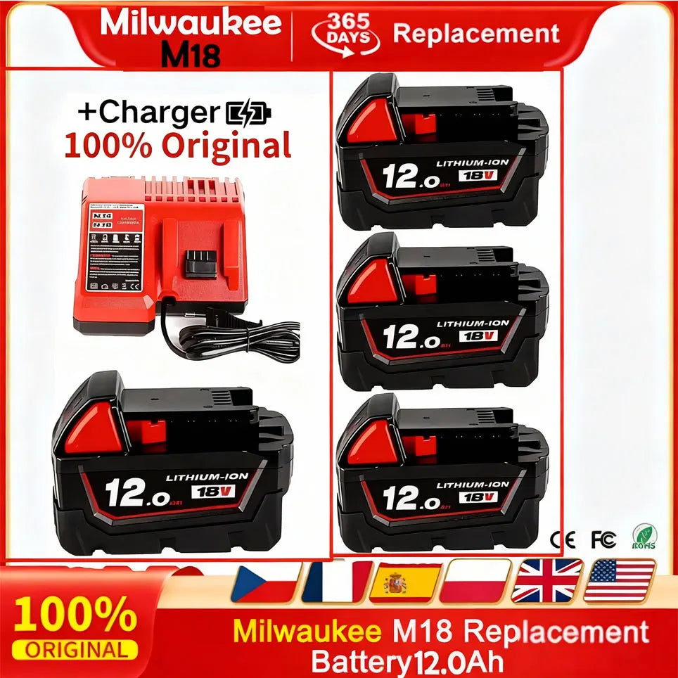 Batteria sostitutiva da 18 V 12,0 Ah, compatibile Milwaukee M18 - Batteria ricaricabile agli ioni di litio 21700 a 15 celle Modello M18 - 48-11-1815