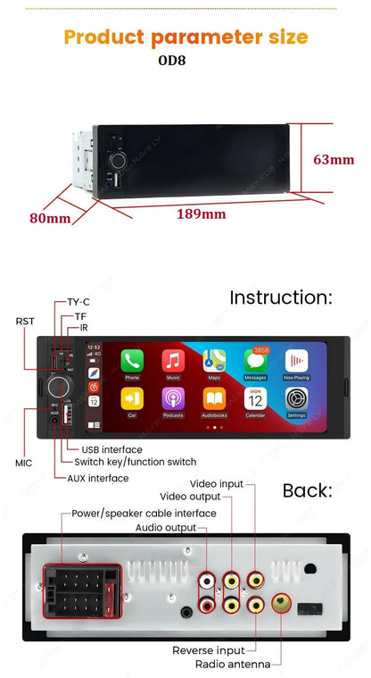 MEKEDE 5.2/6.86/6.88 pollici 1DIN Touch Screen Multimedia Wireless CarPlay Android Auto Radio FM MP5 Lettore universale per auto Display per telecamera posteriore con USB Type-C TF AUX ISO
