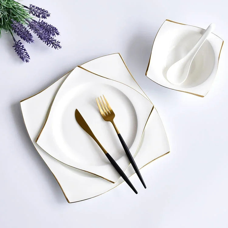 Set di Piatti in Ceramica, Stoviglie in Porcellana Bone China, Set Creativo di Piatti e Vassoi Phnom Penh, Piatti Quadrati, Servizio da Tavola per Cucina