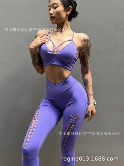 Reggiseno sportivo leggero a V profonda e sexy, pantaloni yoga a vita alta modellanti e scollati da donna