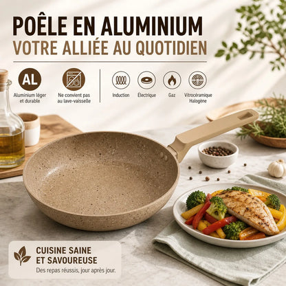 Padella in alluminio da 28 cm con rivestimento antiaderente effetto pietra, padella da cucina versatile compatibile con tutti i tipi di piani cottura, inclusa l'induzione, manico ergonomico e cottura sana senza sforzo.