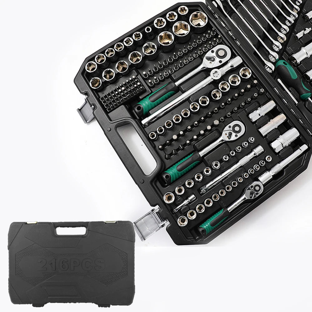 Set di chiavi a bussola da 216 pezzi, kit combinato di chiavi a cricchetto e dinamometriche, strumento per la riparazione di auto, 1/4", 3/8", 1/2", chiavi a cricchetto, cacciaviti, punte, set di utensili manuali, kit di stru