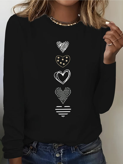 Abbigliamento primaverile e autunnale da donna in cotone 100 T-shirt stampata con cuore colorato Manica lunga Girocollo Top casual