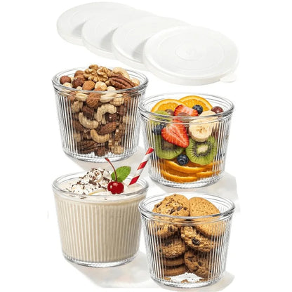 Set di 4/6 Piccole Ciotole in Vetro con Coperchio, Contenitori Impilabili in Vetro Trasparente a Righe per Dessert, Budini, Salse, Salse Piccanti, Noci, Avena, Caramelle, Dolciumi