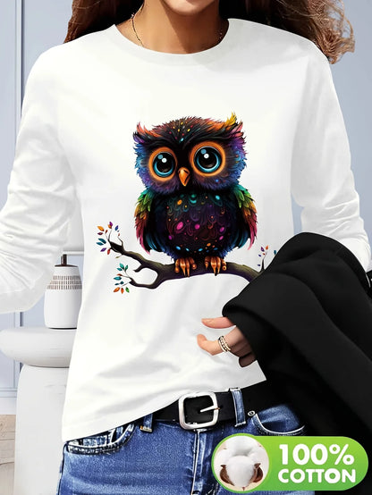 T-shirt girocollo stampata con motivo Torre Eiffel Parigi a maniche lunghe comoda moda primavera e autunno 100% cotone da donna