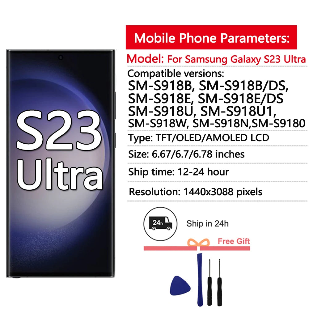 Display LCD Super AMOLED da 6,8 Pollici per Samsung Galaxy S23 Ultra S918, Schermo Touch con Digitalizzatore, Supporto per Impronte Digitali e S-Pen