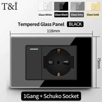 Prese per interruttori a muro T&I con tipo USB  C Ricarica rapida, presa Italia, presa Schuko Cile, pannello in vetro temperato per la casa