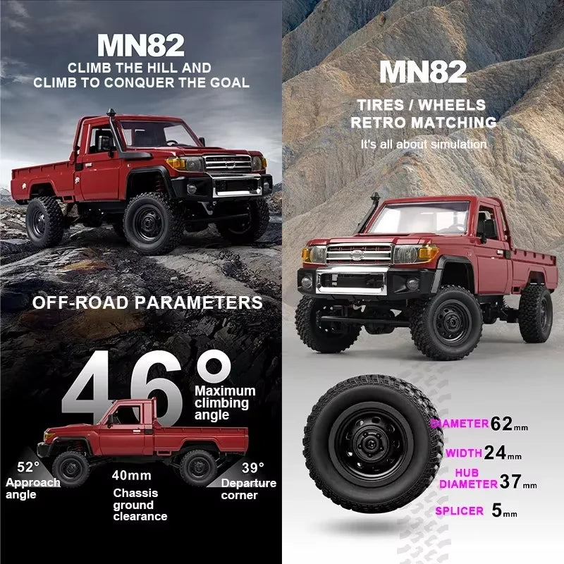 MN82 Pickup 4WD Off-Road PRO Aggiornato, Auto RC in Scala 1:12 con Fari, Giocattolo Telecomandato 2.4G, Regalo per Bambini, Gioco all'Aperto