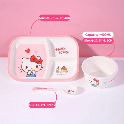 WUHE Set di Stoviglie per Bambini Hello Kitty, Ciotole e Piatti in Melamina, Design Cartoon per Ragazze, Senza BPA, Infrangibile, Lavabile in Lavastoviglie