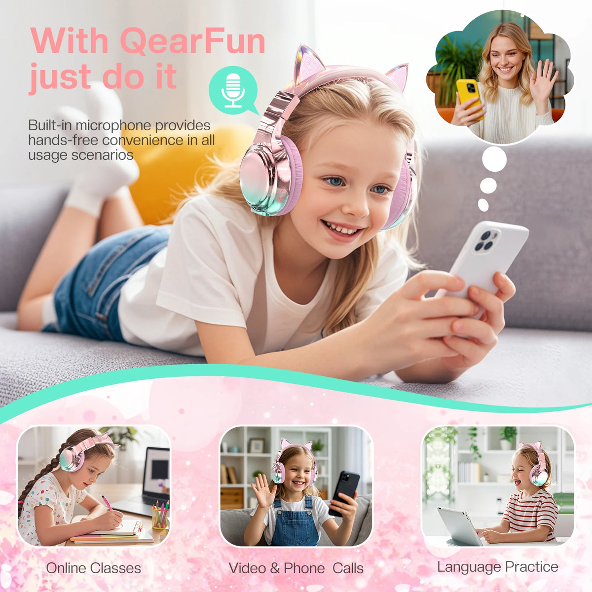 Cuffie wireless a forma di orecchie di gatto per ragazze e bambini, cuffie Bluetooth con volume sicuro 74/85/94dB, cuffie pieghevoli per bambini, ideali per i viaggi