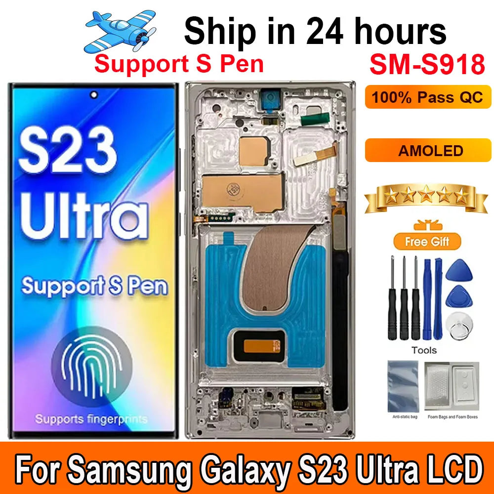 Schermo AMOLED da 6,67'' per Samsung Galaxy S23 Ultra, display LCD touch con cornice, sostituzione display, supporto S Pen, impronta digitale