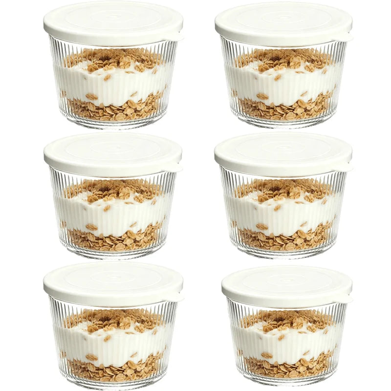 Set di 4/6 Piccole Ciotole in Vetro con Coperchio, Contenitori Impilabili in Vetro Trasparente a Righe per Dessert, Budini, Salse, Salse Piccanti, Noci, Avena, Caramelle, Dolciumi