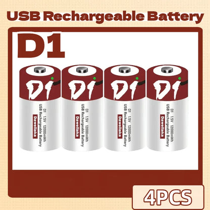 Batteria agli ioni di litio da 1,5 V formato D, 12000 mWh, ricaricabile tramite USB per torce, scaldabagni, giocattoli, include cavo di ricarica gratuito
