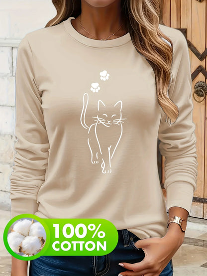 T-shirt da donna in 100% puro cotone, ideale per la primavera e l'autunno, comoda, casual, alla moda, con maniche lunghe, stampa grafica a tema felino e scollo rotondo.