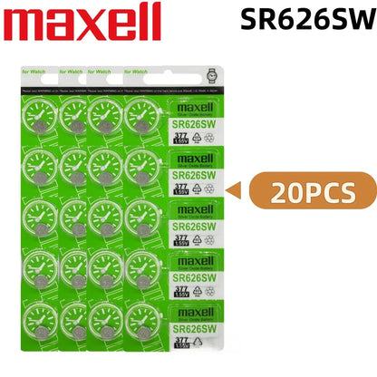 Batteria per orologi Maxell SR626SW, a ossido d'argento, modello 377 AG4, 1,55 V, senza mercurio, a bottone, per orologi da polso.