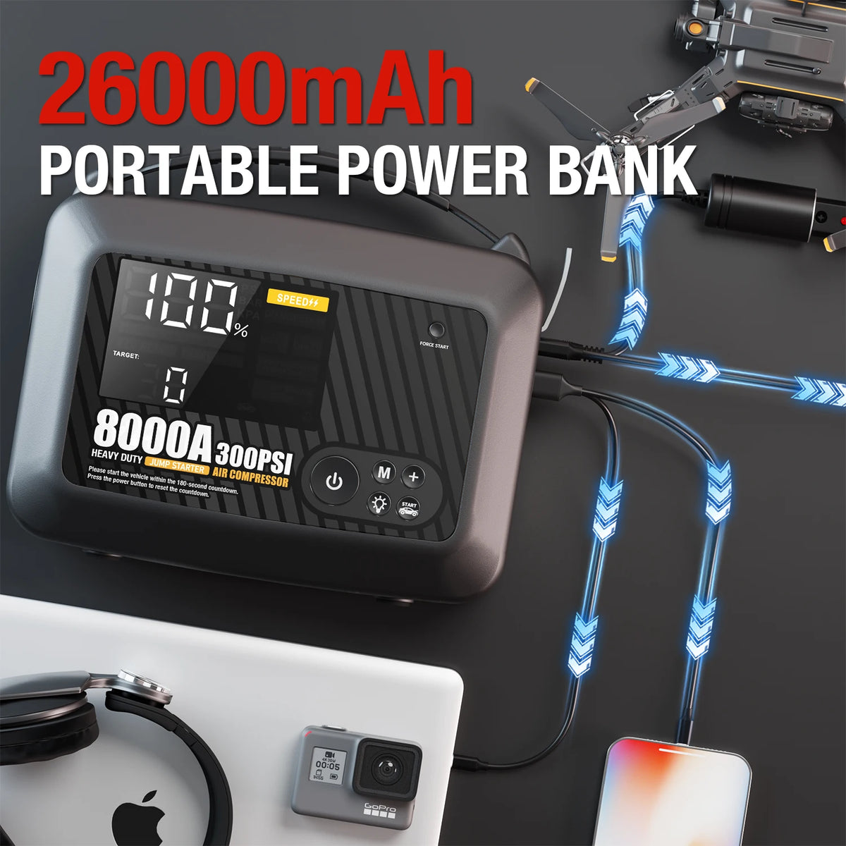 Avviatore di emergenza per auto professionale per impieghi gravosi 8000A con pompa d'aria Potente dispositivo di avviamento per avviamento per batteria per auto 12V