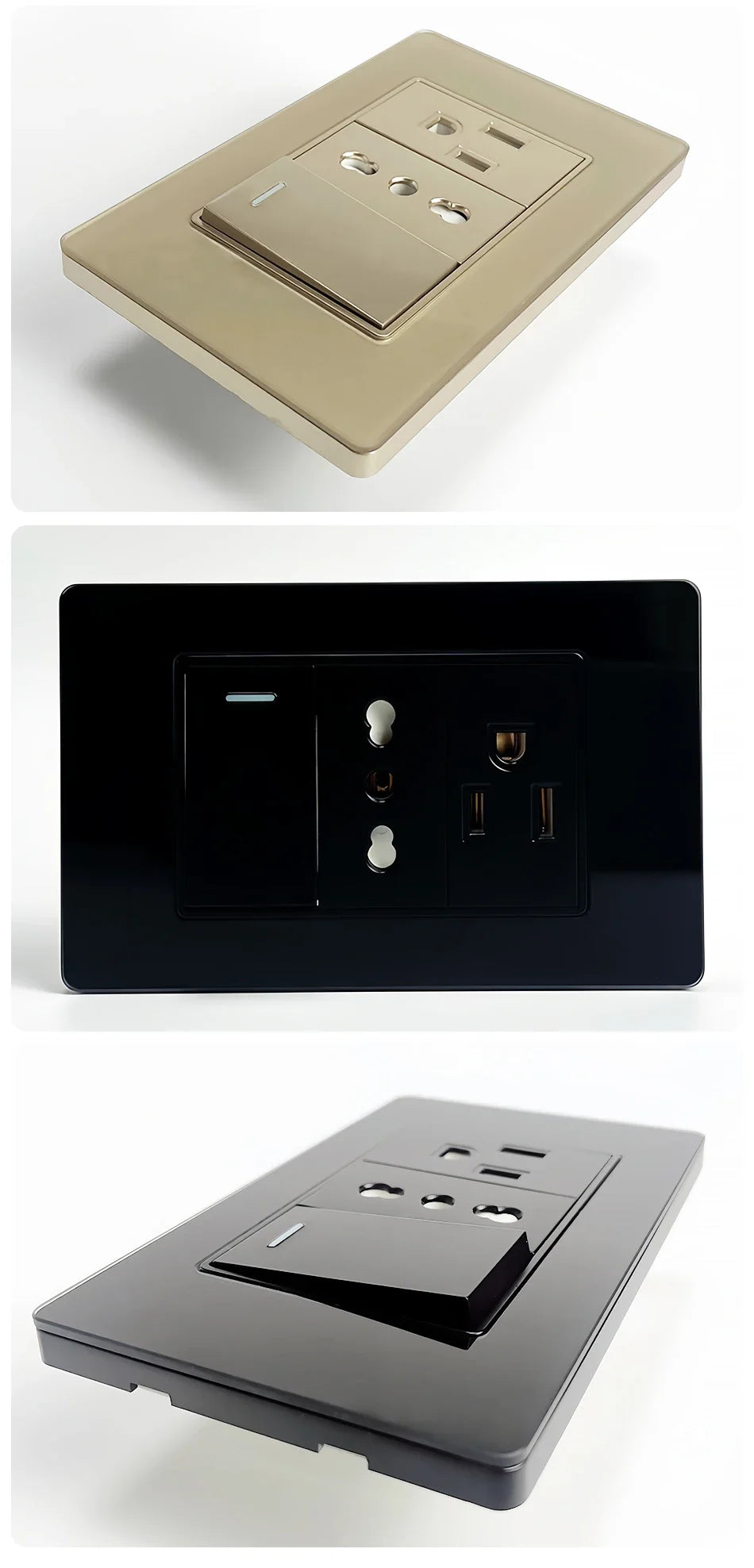 Prese per interruttori a muro T&I con tipo USB  C Ricarica rapida, presa Italia, presa Schuko Cile, pannello in vetro temperato per la casa
