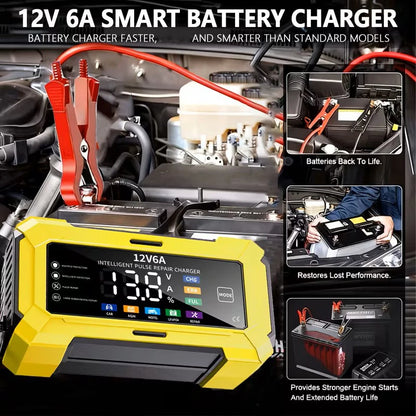 Caricabatterie per auto e moto con schermo a colori, 12V 6A, caricabatterie per batterie al piombo e al litio, spina europea, arresto automatico quando la carica è completa.