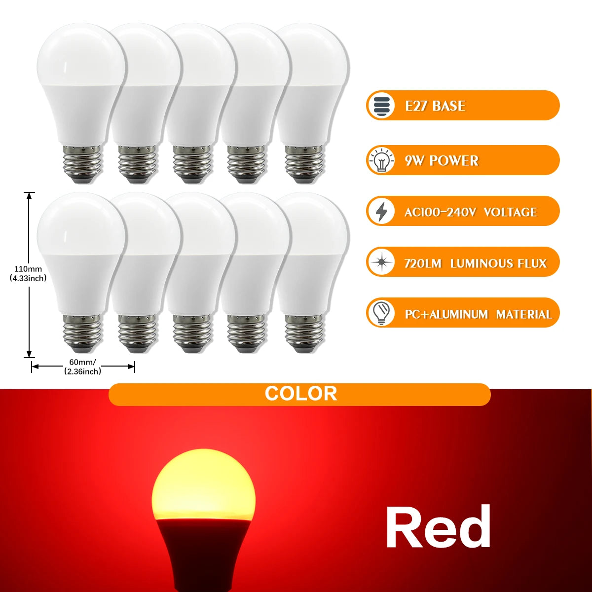 10 Lampadine LED E27 2200K 3000K 4000K 6000K AC100-240V Rosso Verde Illuminazione Colorata di Alta Qualità in Vetro PC per Arredamento Casa