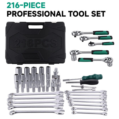 Podofo Set di 216 Pezzi di Utensili Avanzati per Riparazione Auto, Set di Chiavi a Bussola da 1/4", 3/8", 1/2" con Chiave a Cricchetto a 24 Denti, Chiave a Cricchetto Ergonomica, Set di Utensili per Meccanici per Riparazione