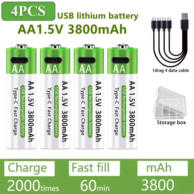 Nuove Batterie al Litio Ricaricabili AA 1.5V 3800mAh + AAA 3000mAh, Ricarica Rapida, 1200 Cicli, con Cavi Gratuiti e Scatola