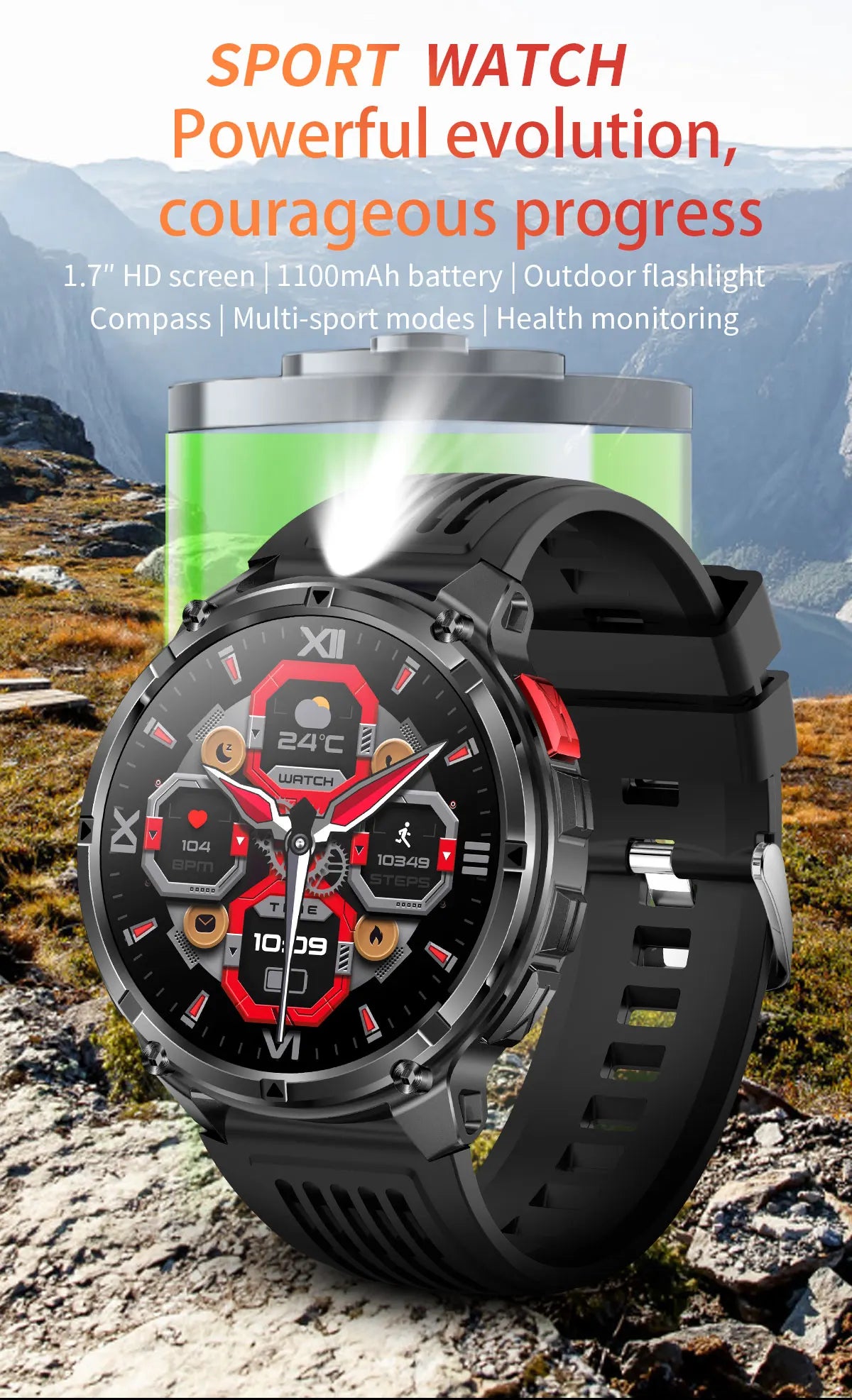 Nuovo Smartwatch T-REX3 Ultra con Batteria da 1100mAh, Impermeabile 10ATM, GPS, Bussola, Torcia, Display AMOLED HD da 1.7'', Chiamate, Orologio Sportivo Intelligente per Uomo