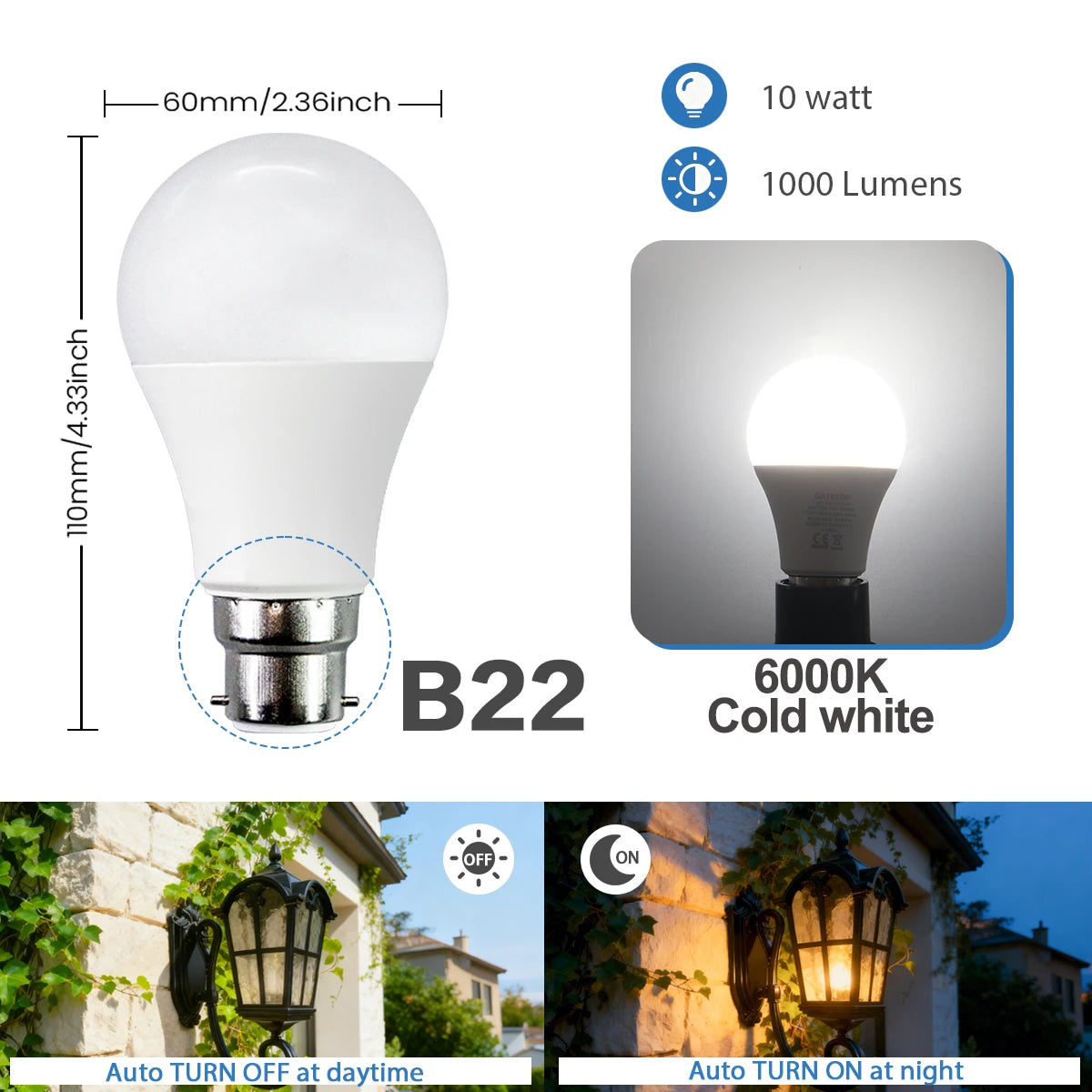 Confezione da 2 Lampadine LED Intelligenti con Sensore E27 B22, Luce Bianca dal Tramonto all'Alba, AC100-240V 1000LM 10W per Portico, Corridoio, Esterni, Garage