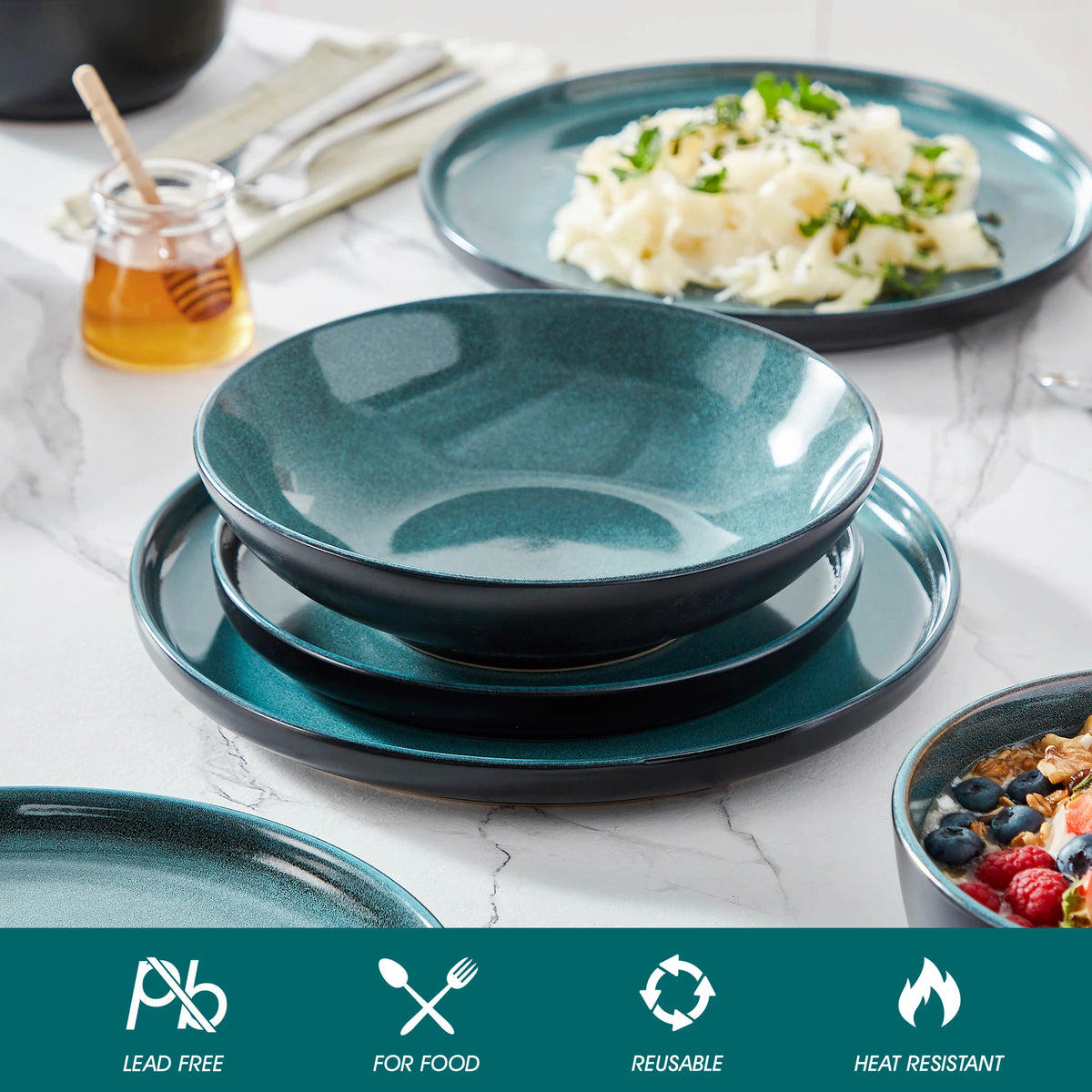 Set di piatti in ceramica PLAYB, 18/24 pezzi, con smalto reattivo, set di stoviglie in gres, comprensivo di 6 piatti da portata, 1 piatto da dessert e 1 ciotola per cereali.