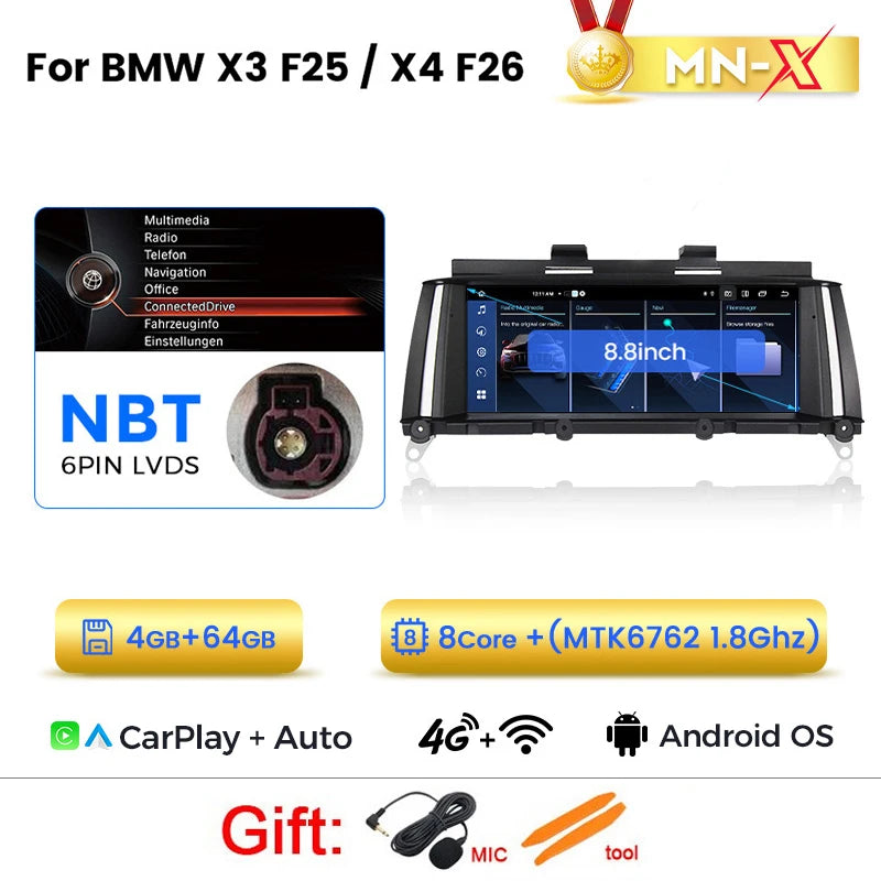 Mekede, autoradio Android da 8,8 pollici, stile originale, con CarPlay wireless e Android Auto, sistema multimediale per BMW X3 F25 e X4 F26 (2014-2016), sistema NBT, 4G LTE, WiFi, Bluetooth, navigazione GPS, lettore video 4K