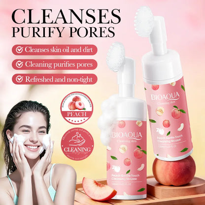BIOAQUA Mousse Detergente Viso alla Pesca con Spazzola, Pulizia Delicata, Purifica il Sebo, Rinfresca, Non Rende la Pelle Tesa