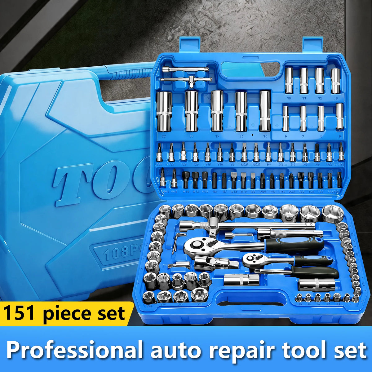 Set di Chiavi a Bussola da 53/82/108/151 Pezzi con Attacco da 1/4", 3/8", 1/2" e Kit di Punte a Cricchetto per Riparazione Auto e Moto, Utensili Manuali da Meccanico con Valigetta