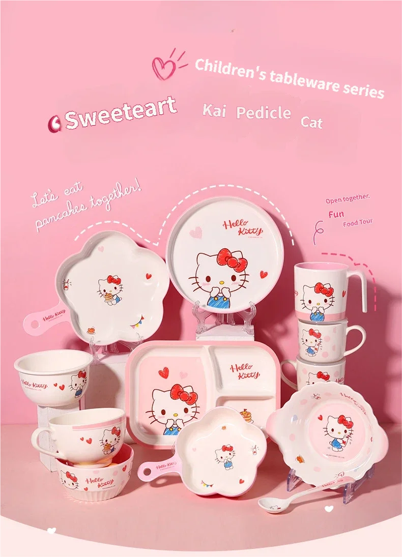 WUHE Set di Stoviglie per Bambini Hello Kitty, Ciotole e Piatti in Melamina, Design Cartoon per Ragazze, Senza BPA, Infrangibile, Lavabile in Lavastoviglie