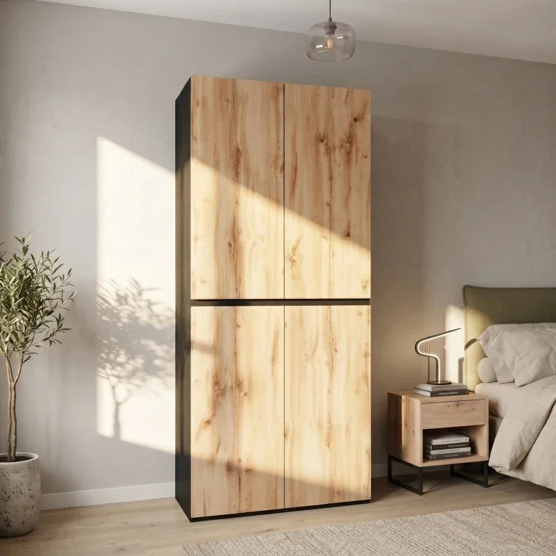 Armadio moderno 90x200 cm con cassetto per gioielli, 4 ante, 1 binario, 3 cassetti, finitura in rovere/bianco, armadio alto per camera da letto, corridoio, ufficio, mobile contenitore in MDF