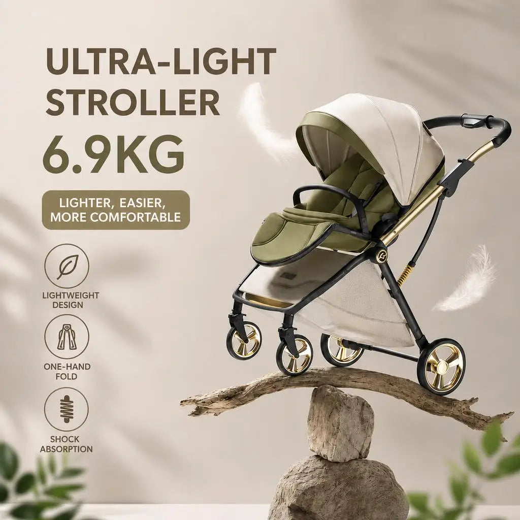 Passeggino portatile leggero in pelle a forma di uovo con cabina protettiva per la colonna vertebrale, design alto, pieghevole, spinta bidirezionale, quattro ruote con sospensioni, per bambini 0-3 anni