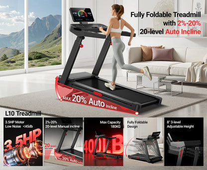 Tapis roulant pieghevole LONTEK L10 con inclinazione automatica del 20% e sensori di pulsazioni, 14 km/h. Questo tapis roulant compatto e pieghevole presenta un'inclinazione automatica del 20%, un motore silenzioso da 3,5 HP