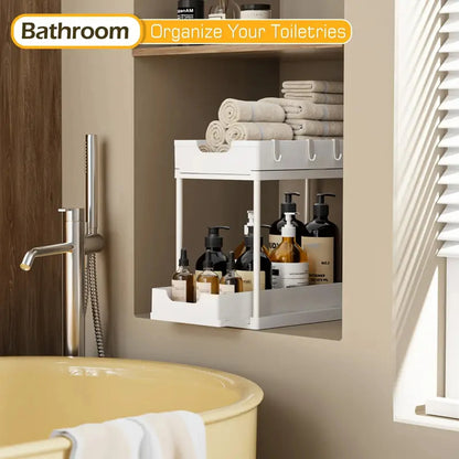 Nuovo Organizzatore Sottolavello a 2 Livelli, Ripiano Scorrevole Estraibile, Scaffale Multifunzione per Cucina e Bagno, Organizzatore Salvaspazio per Armadietti