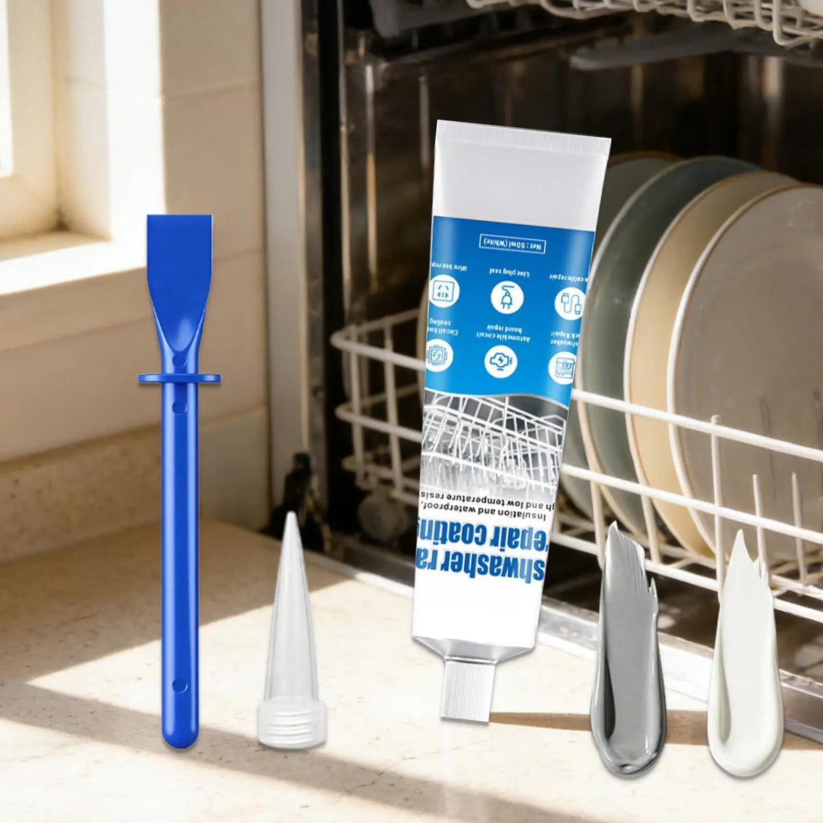 Kit Riparazione Rivestimento Cestello Lavastoviglie 50ml, Sigillante Vernice Antiruggine per Cestelli Lavastoviglie con Punta e Raschietto
