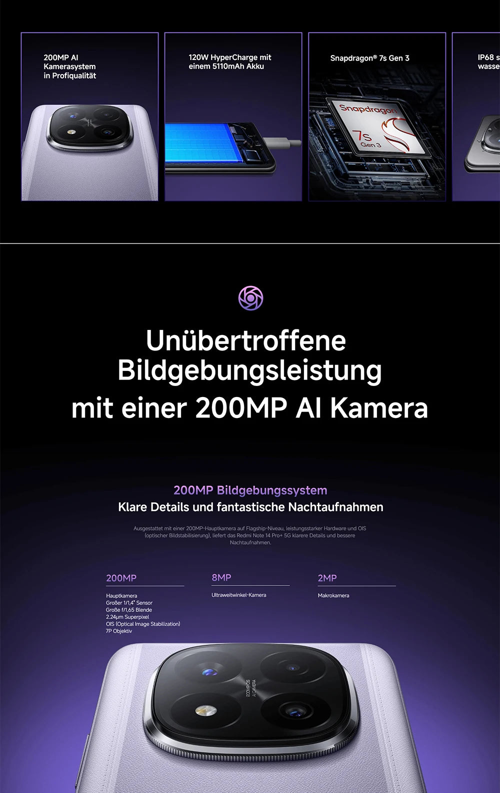 Xiaomi Redmi Note 14 Pro Plus 5G Versione Globale Smartphone NFC Snapdragon ® Schermo 7s Gen 3 AMOLED da 1,5K pollici 120Hz fotocamera 200 MP batteria