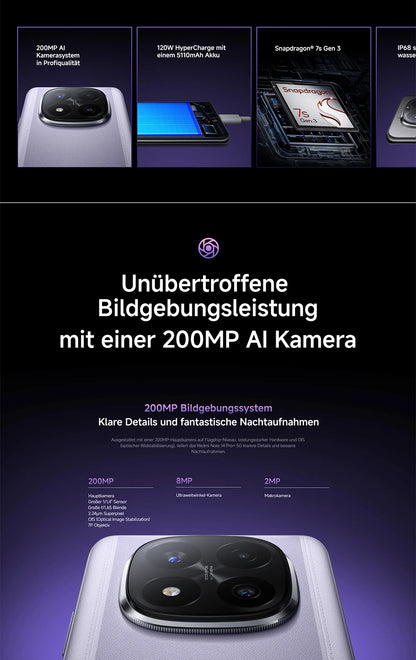 Xiaomi Redmi Note 14 Pro Plus 5G NFC smartphone Snapdragon ® Schermo 7s Gen 3 AMOLED da 1,5K pollici 120Hz fotocamera 200 MP batteria