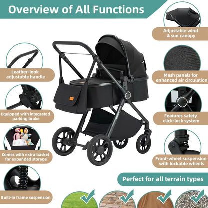 Passeggino 3-in-1 Pieghevole per Neonati con Seggiolino Auto e Culla, Telaio in Alluminio Leggero, Passeggino Estivo Traspirante per Panorami