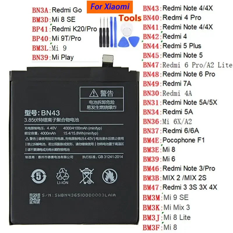 Batteria originale per telefono Xiaomi Mi Redmi Note Mix 2 3 3S 3X 4 4X 4A 4C 5 5A 5S 5X M5 6 6A 7 8 Pro Plus BN43 BN31