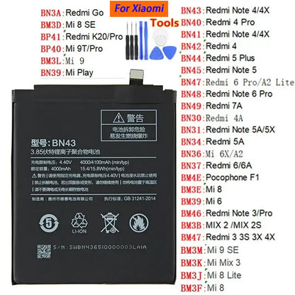 Batteria originale per telefono Xiaomi Mi Redmi Note Mix 2 3 3S 3X 4 4X 4A 4C 5 5A 5S 5X M5 6 6A 7 8 Pro Plus BN43 BN31
