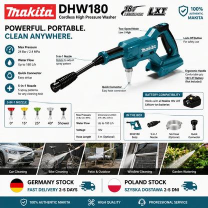 Idropulitrice Portatile a Batteria Makita DHW180 18V per Auto, Moto, Giardino e Patio - Compatibile con Batterie Makita 18V - Disponibilità EU