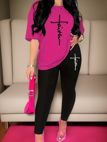 Completo sportivo da donna, taglie forti, con stampa astratta, maglietta a maniche lunghe e pantaloni comodi ed elasticizzati, ideale per l'attività fisica.