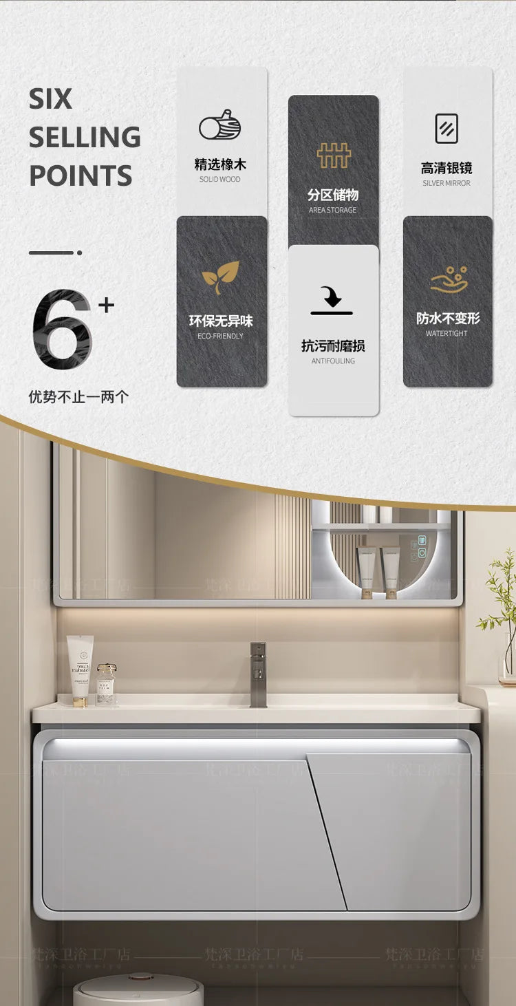 Mobile Bagno Moderno Intelligente con Lavabo Integrato in Ceramica, Armadietti in Rovere, Specchio LED e Mobiletto - Arredamento Bagno