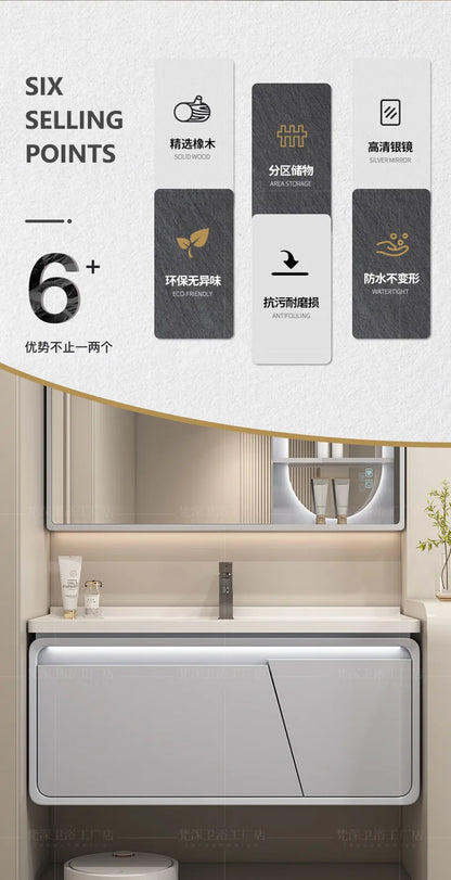 Mobile Bagno Moderno Intelligente con Lavabo Integrato in Ceramica, Armadietti in Rovere, Specchio LED e Mobiletto - Arredamento Bagno