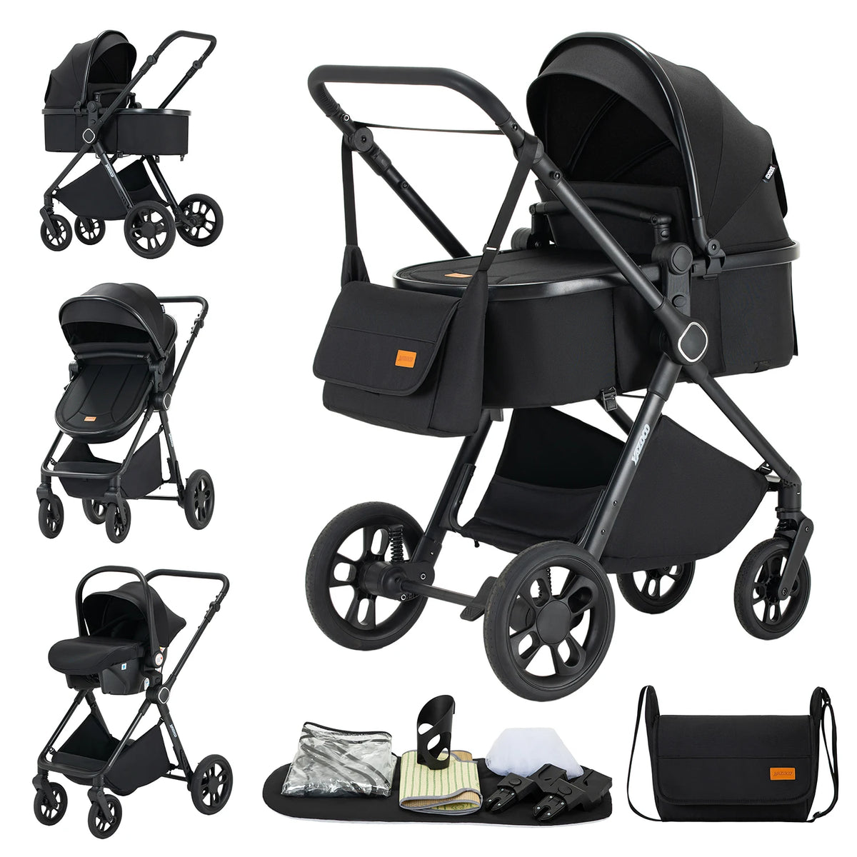 Passeggino 3-in-1 Pieghevole per Neonati con Seggiolino Auto e Culla, Telaio in Alluminio Leggero, Passeggino Estivo Traspirante per Panorami
