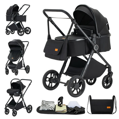 Passeggino per Neonati 3-in-1 di Lusso, Carrozzina da Viaggio Portatile con Telaio in Alluminio, Passeggino Pieghevole con Vista Panoramica