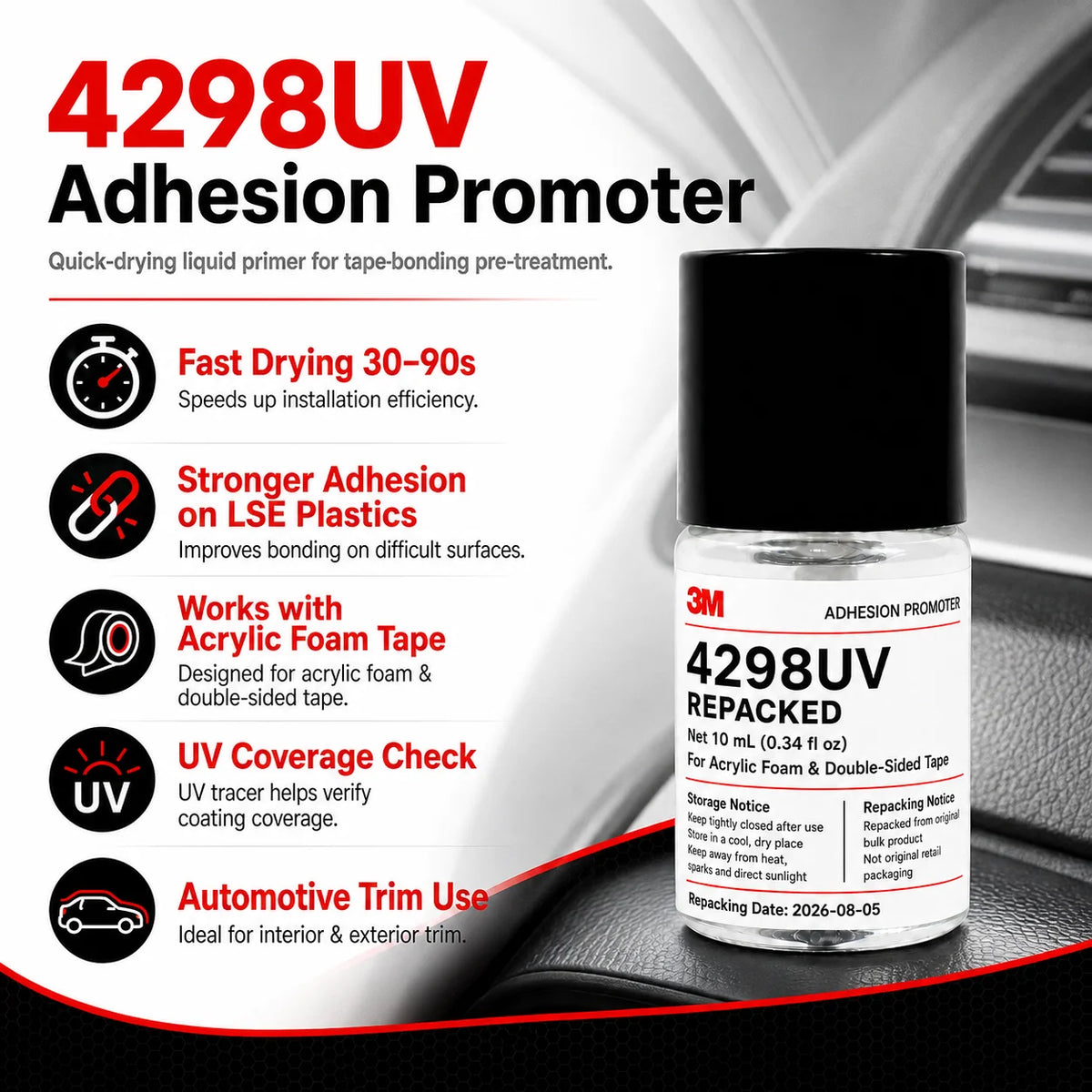 3M 4298UV Promotore di Adesione per Nastro Biadesivo in Schiuma Acrilica per Settore Automobilistico, Adesivo per Fissaggio di Rivestimenti in Plastica PP TPO EPDM ABS, 10ML