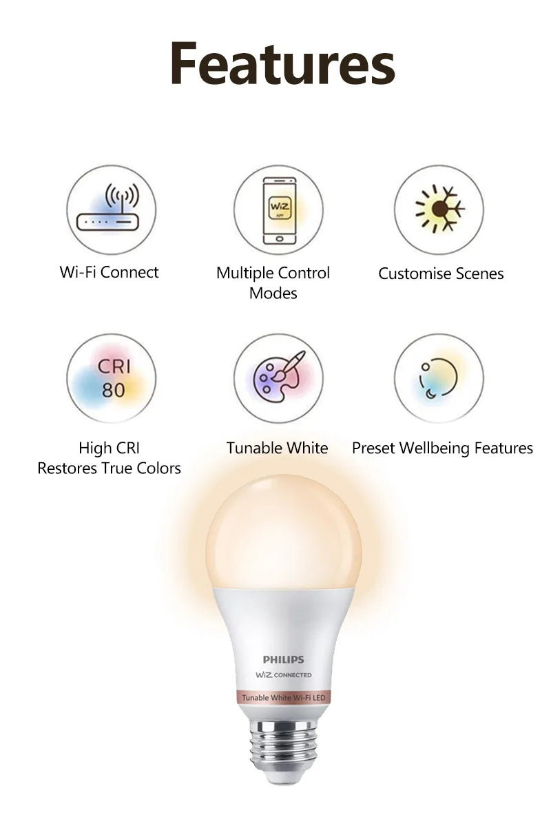 Philips LED Wi-Fi bianco sintonizzabile 8W A60 E27 Lampadina intelligente 220-240V Controllo app WiZ Lampada dimmerabile EyeComfort di colore bianco caldo per freddo